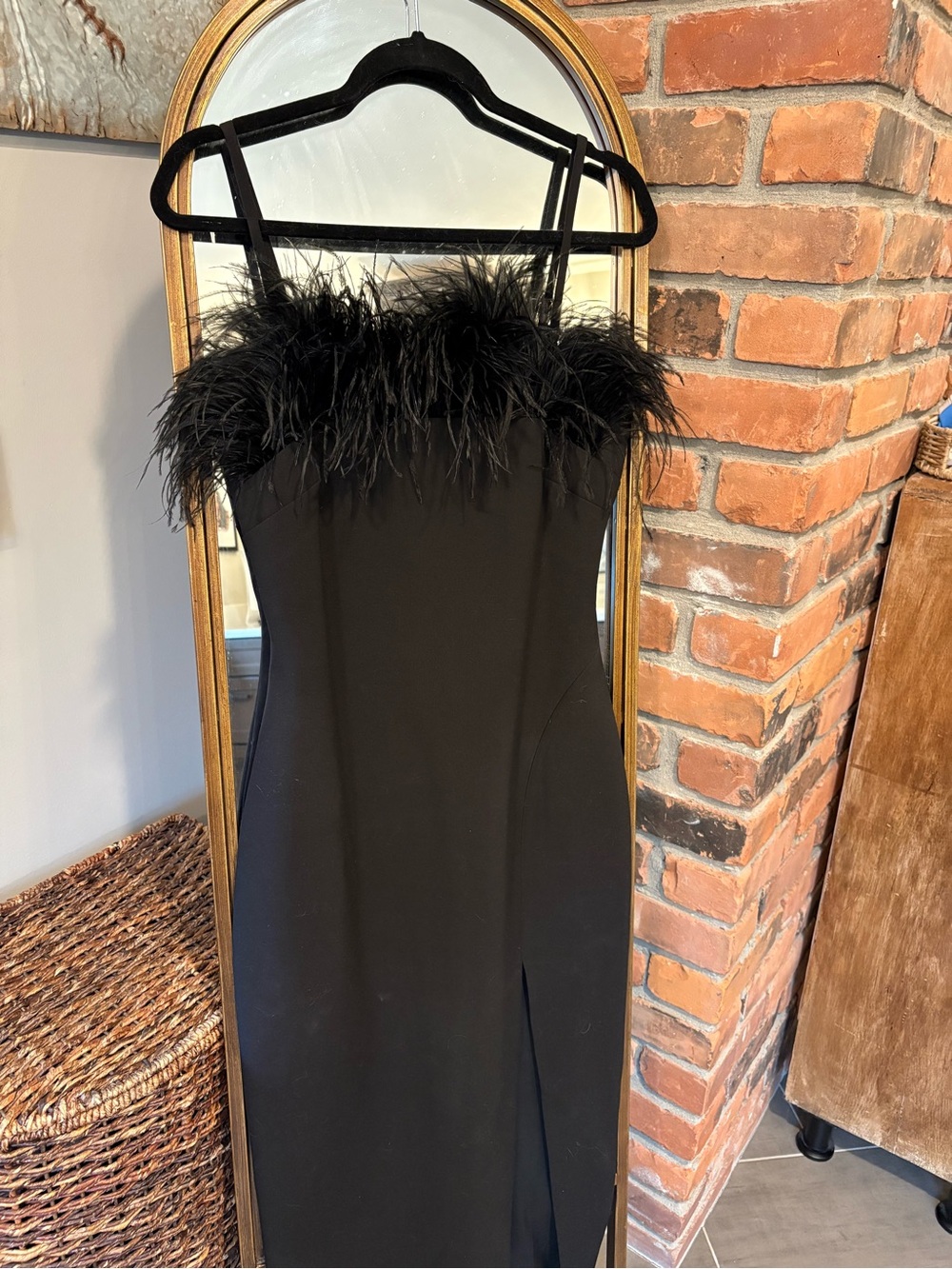 Likely Black Strapless Feather-Trim Midi with Slit